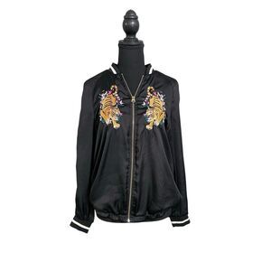 Divided Embroidered Tiger Jacket H&M Black Satin Bomber Full Zip Coat Size 8